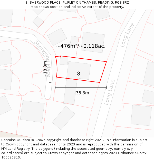 8, SHERWOOD PLACE, PURLEY ON THAMES, READING, RG8 8RZ: Plot and title map