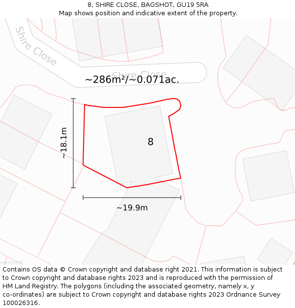 8, SHIRE CLOSE, BAGSHOT, GU19 5RA: Plot and title map