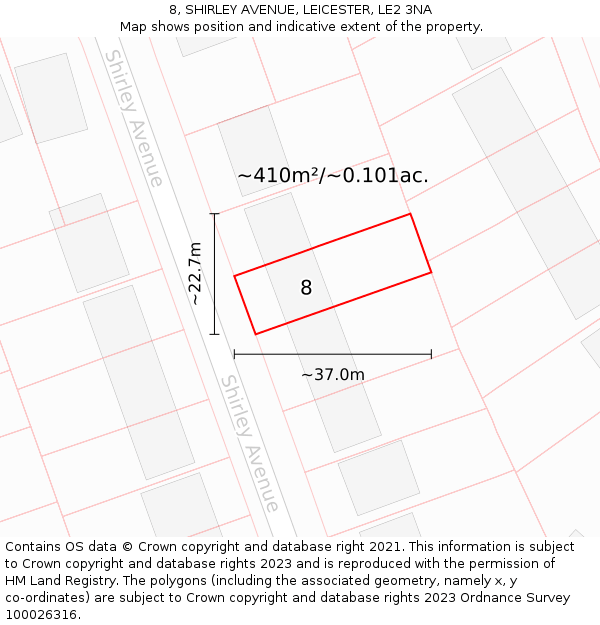 8, SHIRLEY AVENUE, LEICESTER, LE2 3NA: Plot and title map