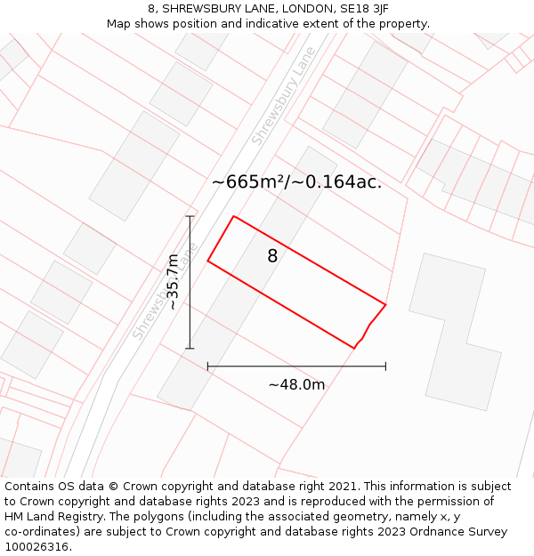 8, SHREWSBURY LANE, LONDON, SE18 3JF: Plot and title map