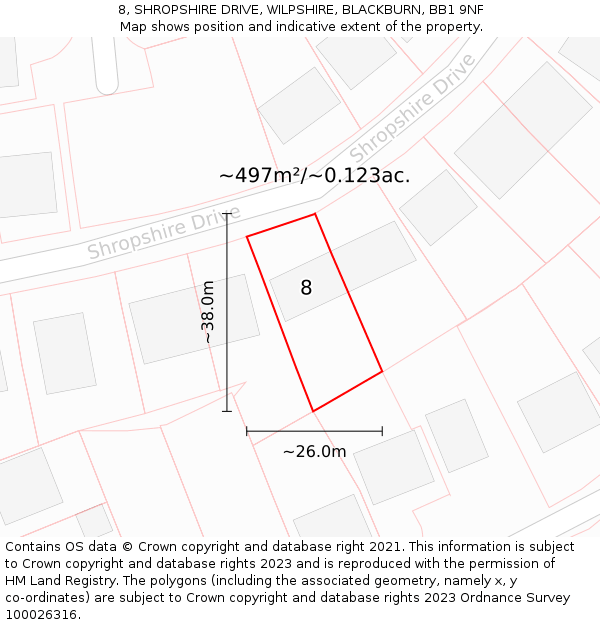 8, SHROPSHIRE DRIVE, WILPSHIRE, BLACKBURN, BB1 9NF: Plot and title map