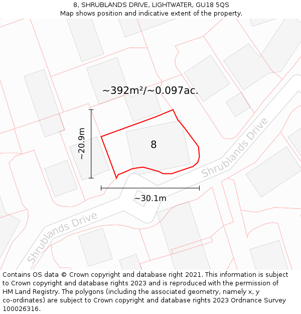 8, SHRUBLANDS DRIVE, LIGHTWATER, GU18 5QS: Plot and title map