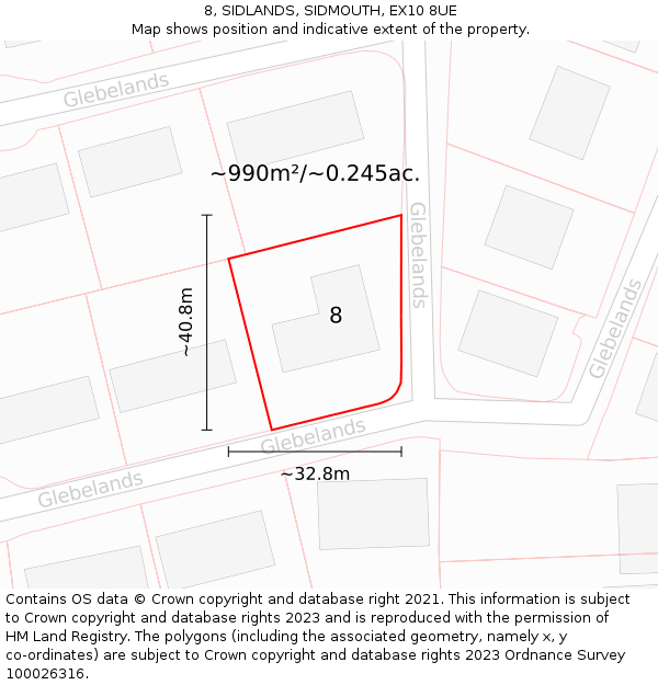 8, SIDLANDS, SIDMOUTH, EX10 8UE: Plot and title map