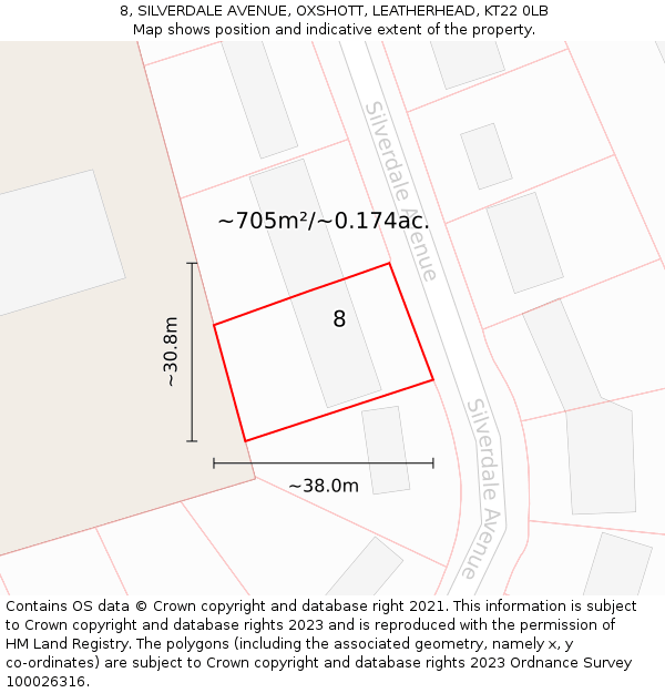 8, SILVERDALE AVENUE, OXSHOTT, LEATHERHEAD, KT22 0LB: Plot and title map