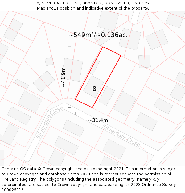 8, SILVERDALE CLOSE, BRANTON, DONCASTER, DN3 3PS: Plot and title map