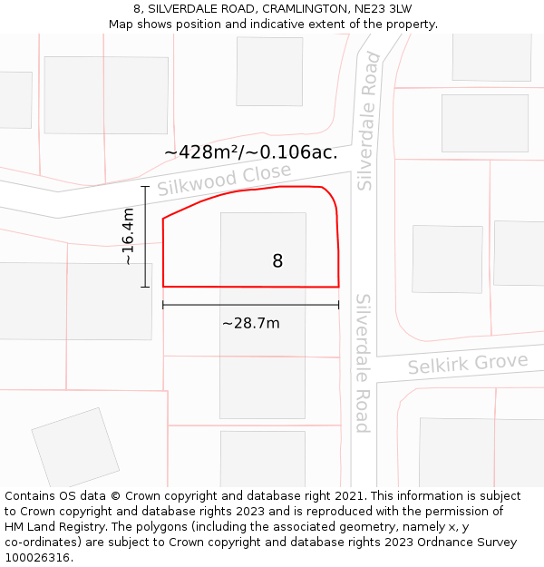 8, SILVERDALE ROAD, CRAMLINGTON, NE23 3LW: Plot and title map