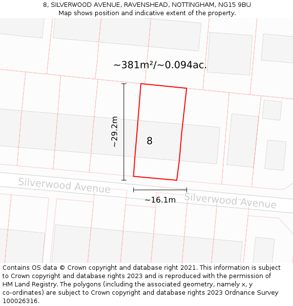 8, SILVERWOOD AVENUE, RAVENSHEAD, NOTTINGHAM, NG15 9BU: Plot and title map