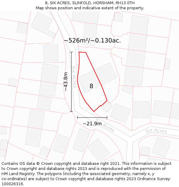 8, SIX ACRES, SLINFOLD, HORSHAM, RH13 0TH: Plot and title map