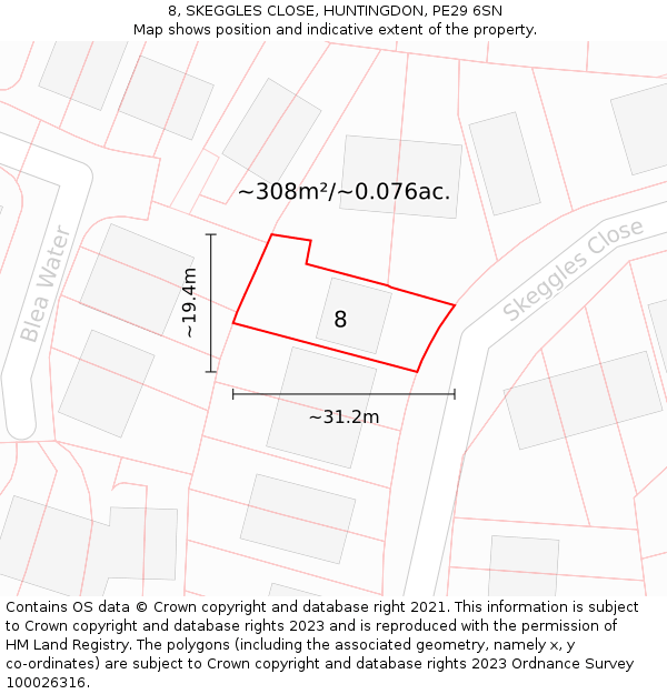 8, SKEGGLES CLOSE, HUNTINGDON, PE29 6SN: Plot and title map