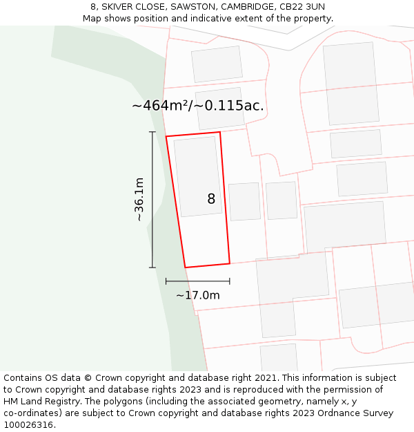 8, SKIVER CLOSE, SAWSTON, CAMBRIDGE, CB22 3UN: Plot and title map