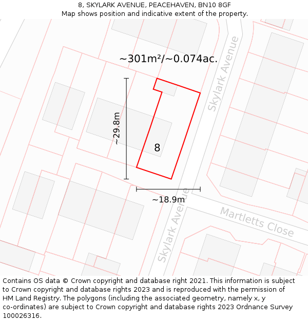 8, SKYLARK AVENUE, PEACEHAVEN, BN10 8GF: Plot and title map