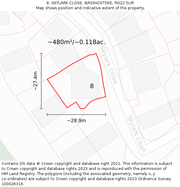 8, SKYLARK CLOSE, BASINGSTOKE, RG22 5UR: Plot and title map