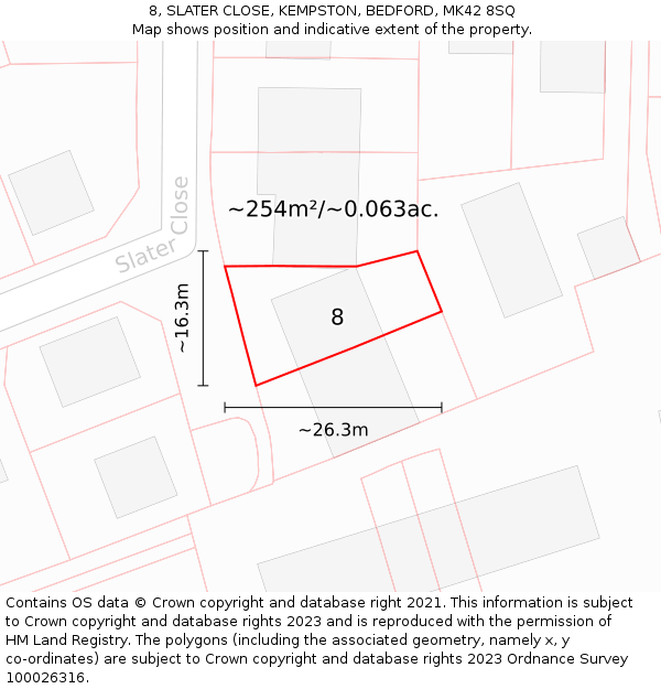 8, SLATER CLOSE, KEMPSTON, BEDFORD, MK42 8SQ: Plot and title map