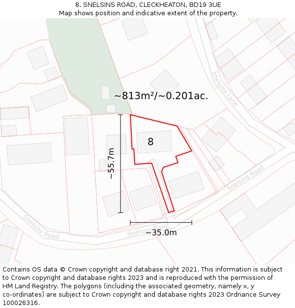 8, SNELSINS ROAD, CLECKHEATON, BD19 3UE: Plot and title map