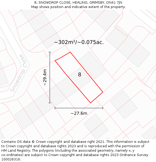 8, SNOWDROP CLOSE, HEALING, GRIMSBY, DN41 7JN: Plot and title map
