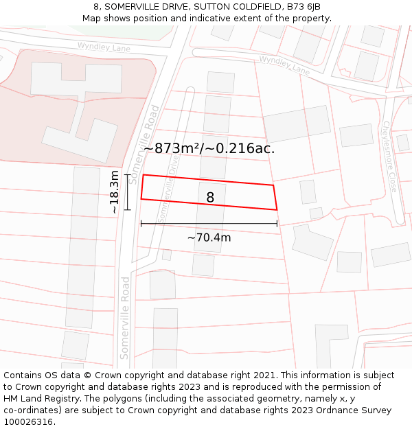 8, SOMERVILLE DRIVE, SUTTON COLDFIELD, B73 6JB: Plot and title map