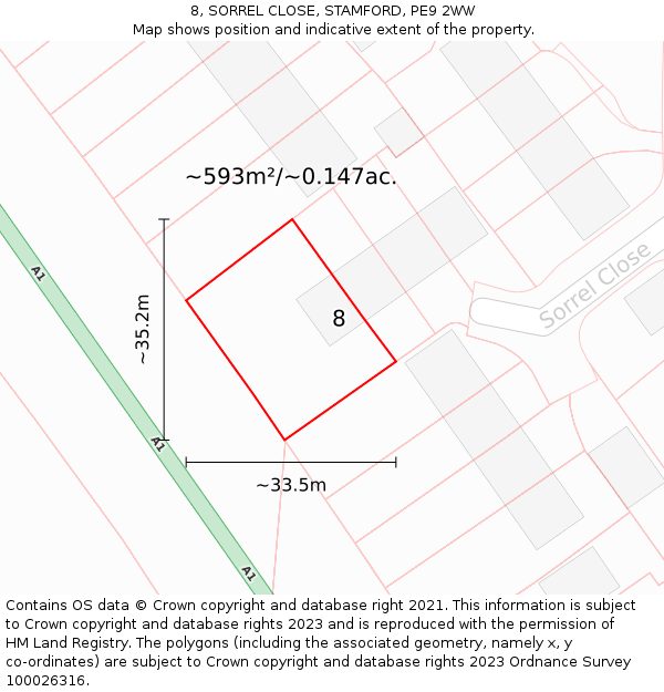 8, SORREL CLOSE, STAMFORD, PE9 2WW: Plot and title map