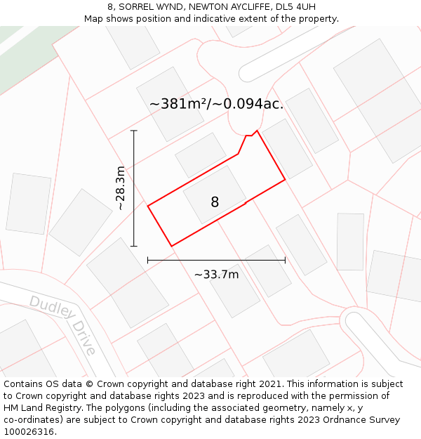 8, SORREL WYND, NEWTON AYCLIFFE, DL5 4UH: Plot and title map