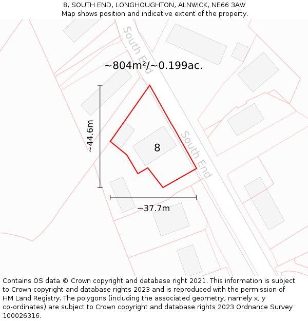 8, SOUTH END, LONGHOUGHTON, ALNWICK, NE66 3AW: Plot and title map