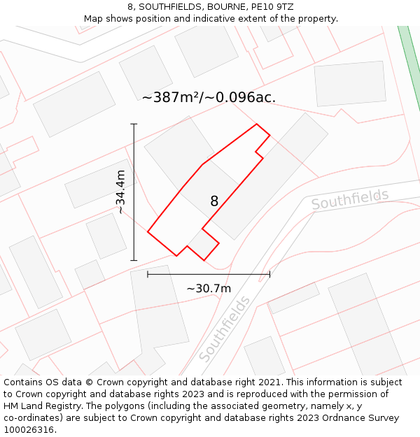 8, SOUTHFIELDS, BOURNE, PE10 9TZ: Plot and title map