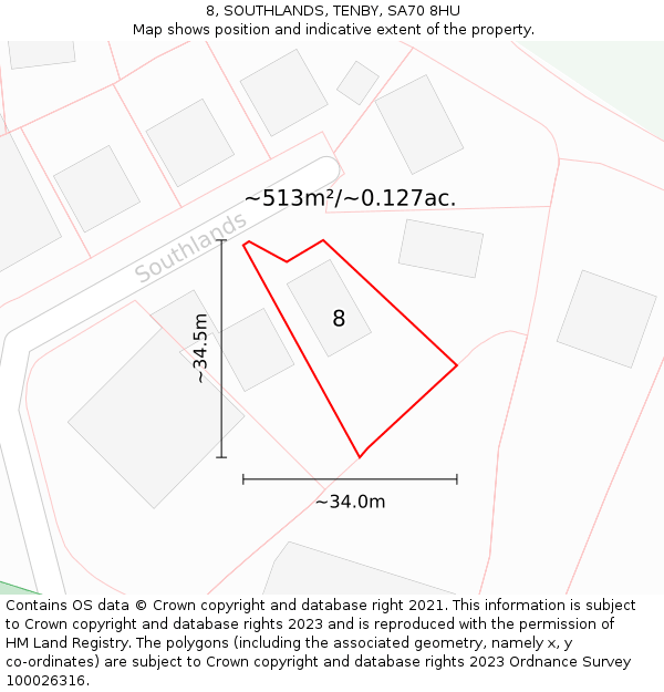 8, SOUTHLANDS, TENBY, SA70 8HU: Plot and title map