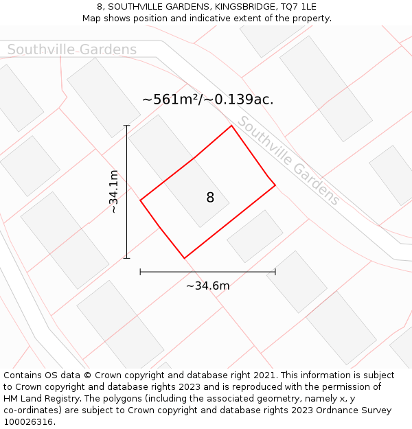 8, SOUTHVILLE GARDENS, KINGSBRIDGE, TQ7 1LE: Plot and title map