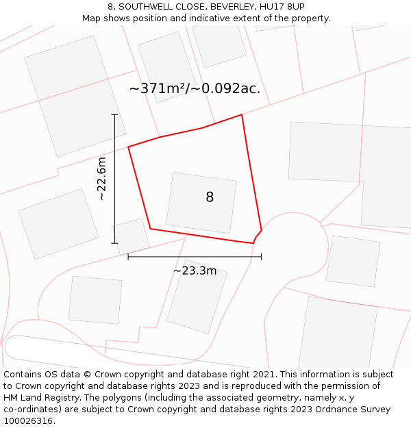 8, SOUTHWELL CLOSE, BEVERLEY, HU17 8UP: Plot and title map