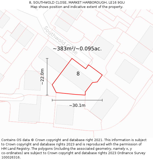 8, SOUTHWOLD CLOSE, MARKET HARBOROUGH, LE16 9GU: Plot and title map