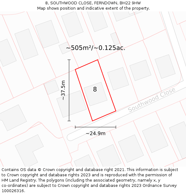 8, SOUTHWOOD CLOSE, FERNDOWN, BH22 9HW: Plot and title map
