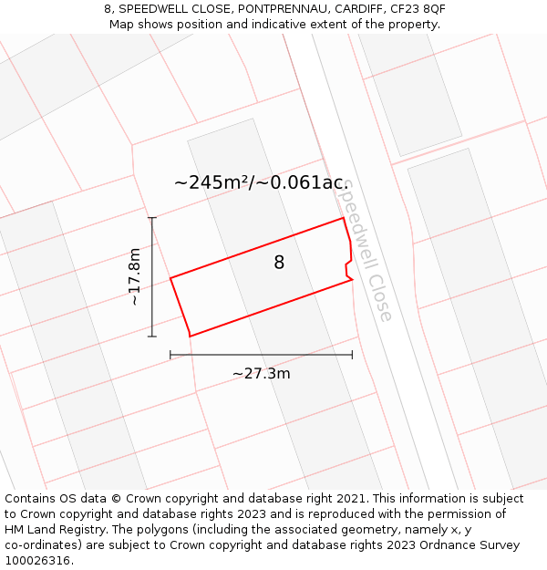 8, SPEEDWELL CLOSE, PONTPRENNAU, CARDIFF, CF23 8QF: Plot and title map