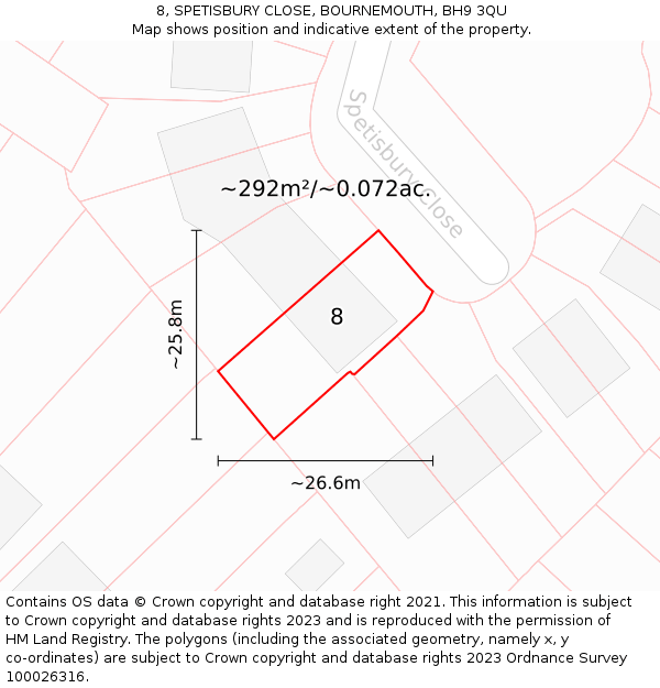 8, SPETISBURY CLOSE, BOURNEMOUTH, BH9 3QU: Plot and title map