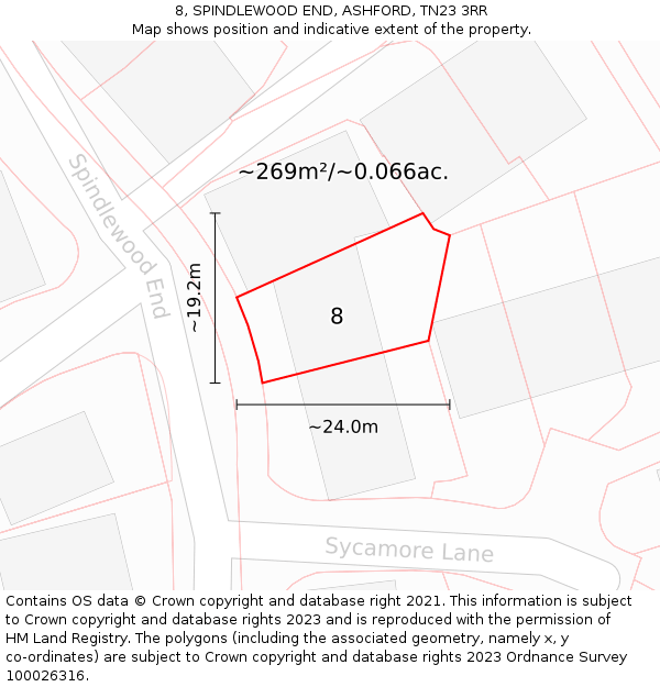8, SPINDLEWOOD END, ASHFORD, TN23 3RR: Plot and title map