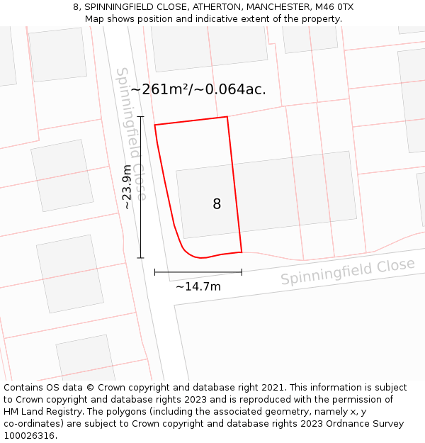 8, SPINNINGFIELD CLOSE, ATHERTON, MANCHESTER, M46 0TX: Plot and title map