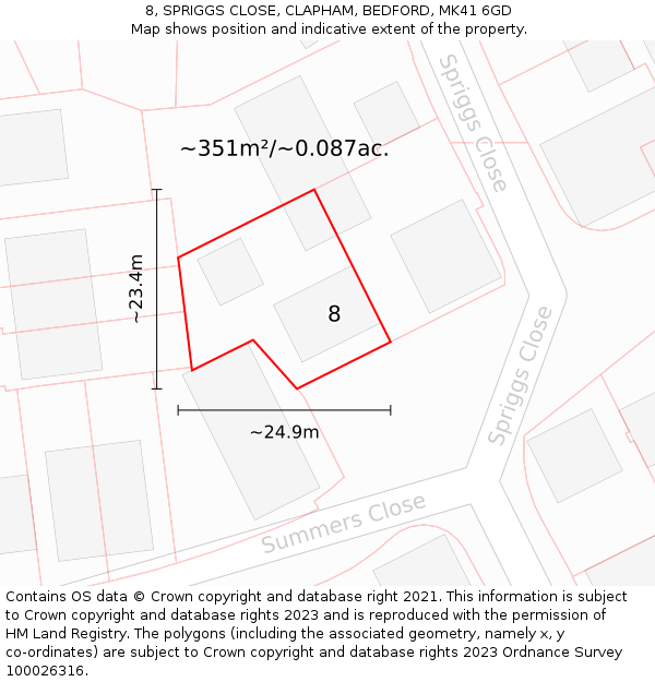 8, SPRIGGS CLOSE, CLAPHAM, BEDFORD, MK41 6GD: Plot and title map