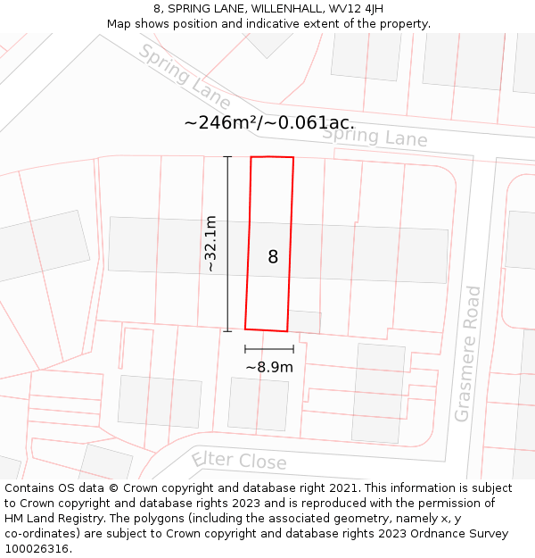 8, SPRING LANE, WILLENHALL, WV12 4JH: Plot and title map