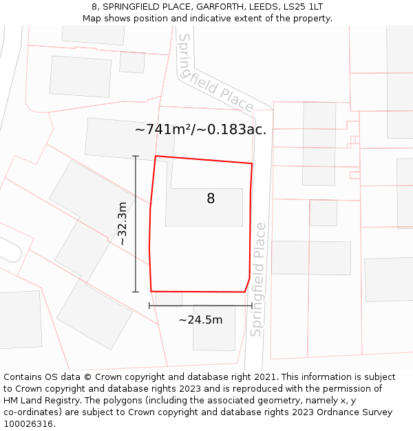 8, SPRINGFIELD PLACE, GARFORTH, LEEDS, LS25 1LT: Plot and title map