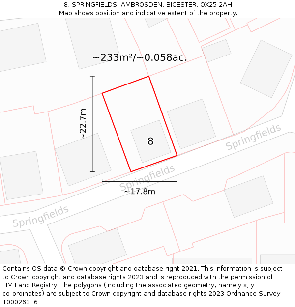 8, SPRINGFIELDS, AMBROSDEN, BICESTER, OX25 2AH: Plot and title map