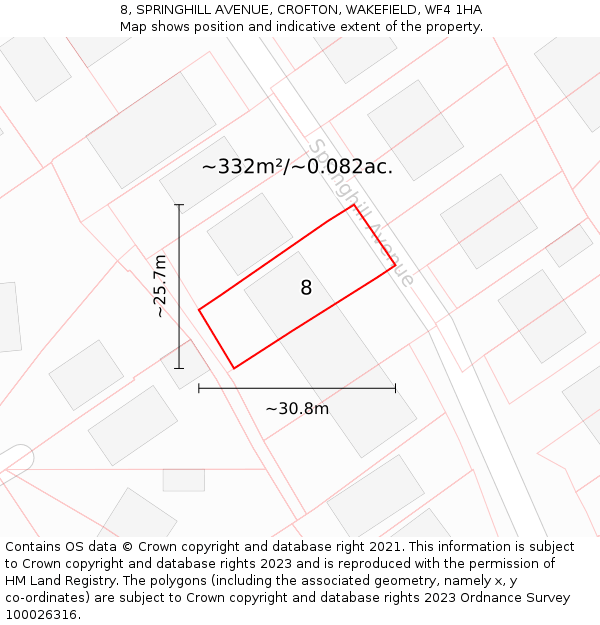 8, SPRINGHILL AVENUE, CROFTON, WAKEFIELD, WF4 1HA: Plot and title map