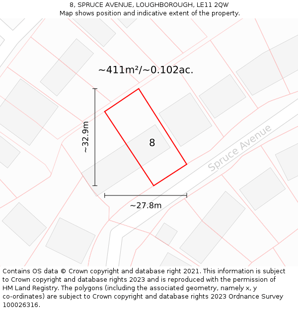 8, SPRUCE AVENUE, LOUGHBOROUGH, LE11 2QW: Plot and title map