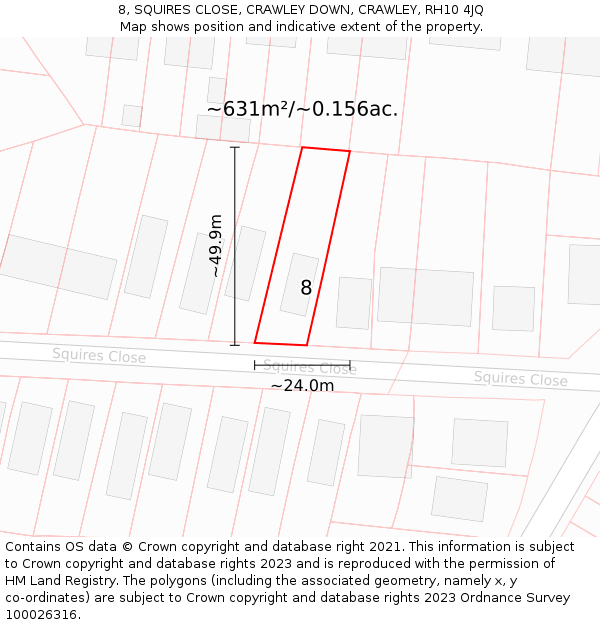 8, SQUIRES CLOSE, CRAWLEY DOWN, CRAWLEY, RH10 4JQ: Plot and title map