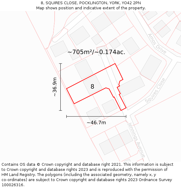 8, SQUIRES CLOSE, POCKLINGTON, YORK, YO42 2PN: Plot and title map