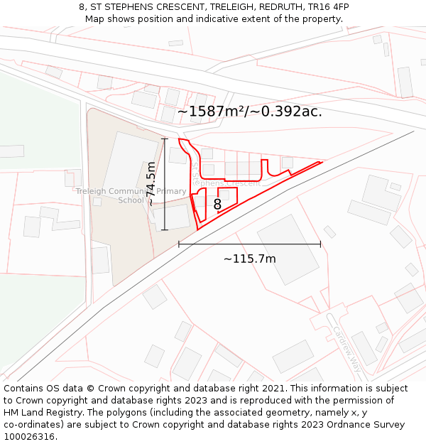 8, ST STEPHENS CRESCENT, TRELEIGH, REDRUTH, TR16 4FP: Plot and title map