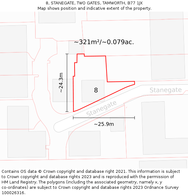 8, STANEGATE, TWO GATES, TAMWORTH, B77 1JX: Plot and title map