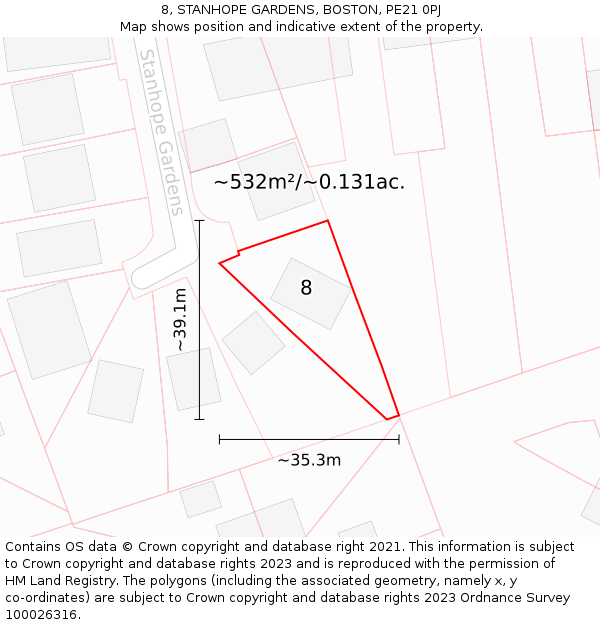 8, STANHOPE GARDENS, BOSTON, PE21 0PJ: Plot and title map