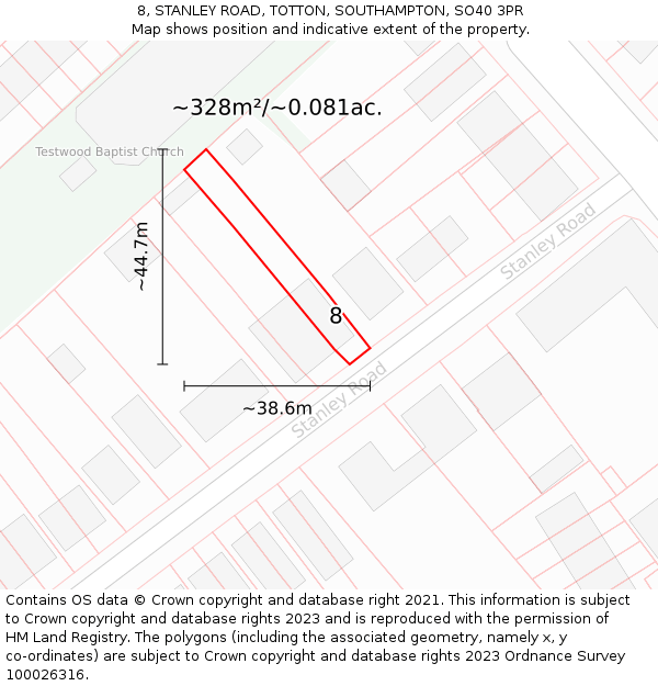 8, STANLEY ROAD, TOTTON, SOUTHAMPTON, SO40 3PR: Plot and title map