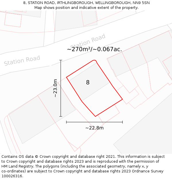 8, STATION ROAD, IRTHLINGBOROUGH, WELLINGBOROUGH, NN9 5SN: Plot and title map