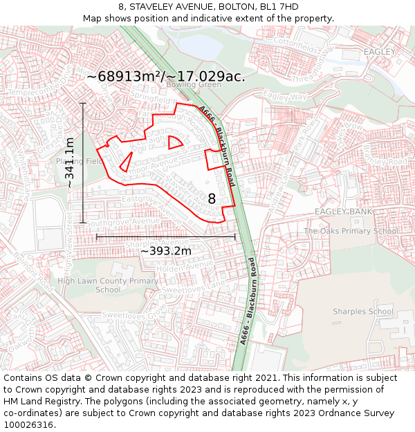 8, STAVELEY AVENUE, BOLTON, BL1 7HD: Plot and title map