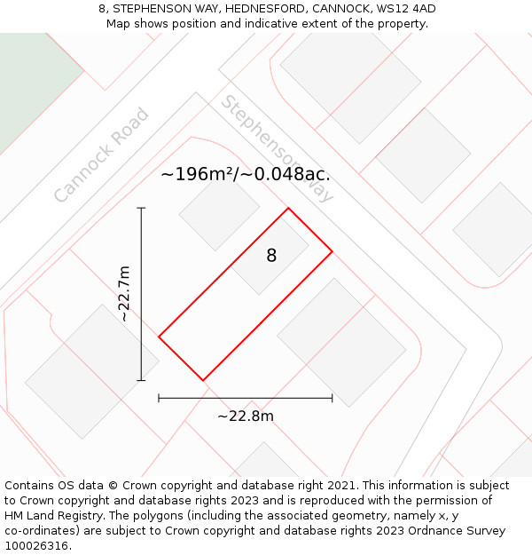 8, STEPHENSON WAY, HEDNESFORD, CANNOCK, WS12 4AD: Plot and title map