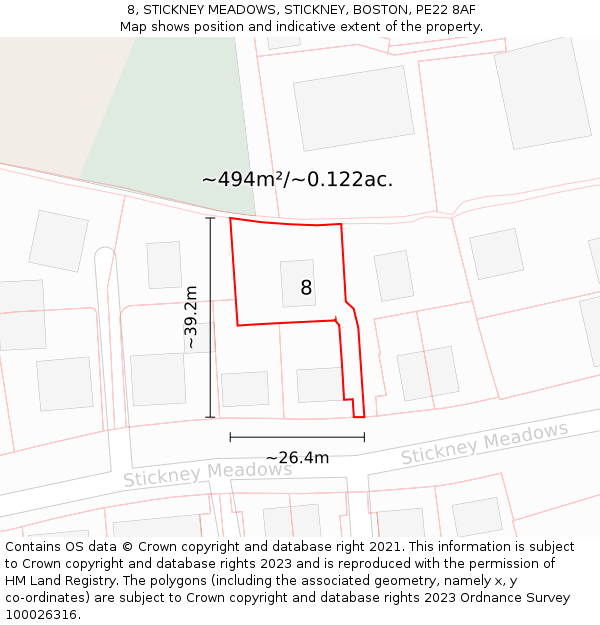 8, STICKNEY MEADOWS, STICKNEY, BOSTON, PE22 8AF: Plot and title map