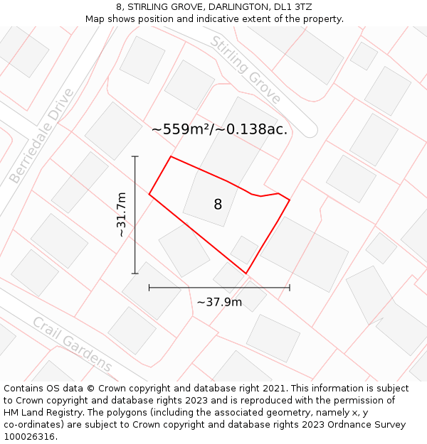 8, STIRLING GROVE, DARLINGTON, DL1 3TZ: Plot and title map